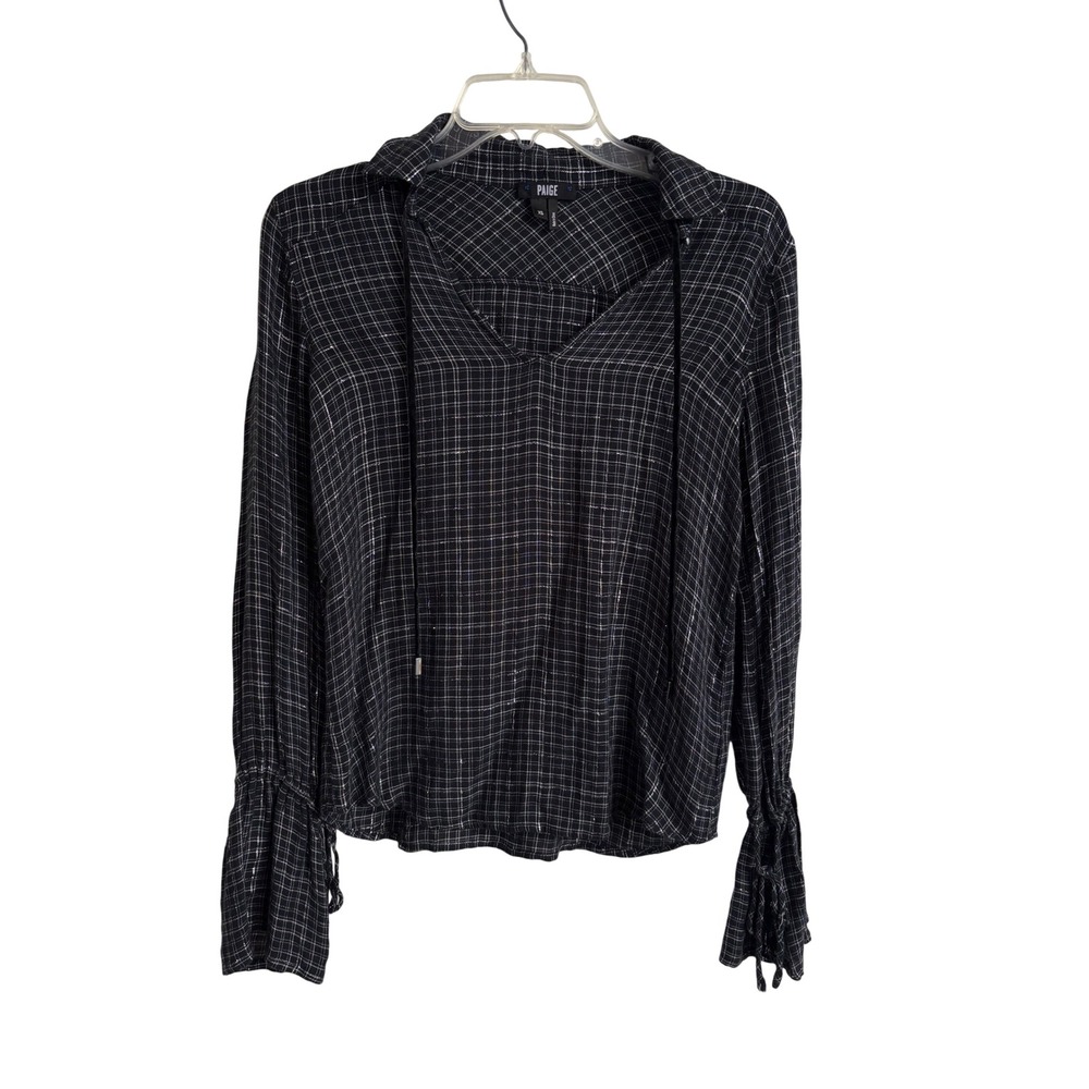 PAIGE Jimi Check Blouse Black Gunmetal Metallic V-Neck Ruffle Cuff Top XS